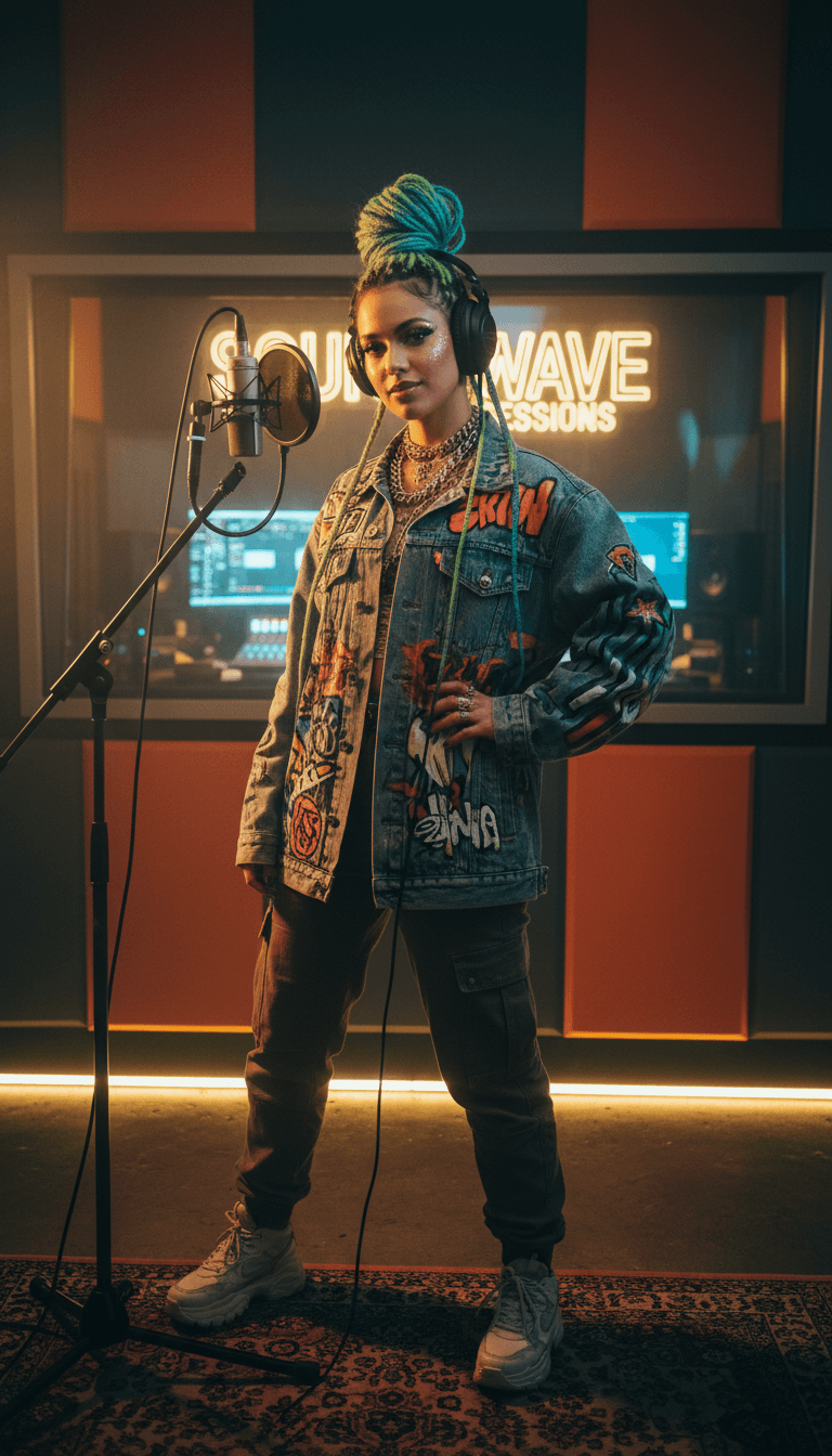 Young vocalist standing confidently in modern recording booth with professional isolation panels and equipment