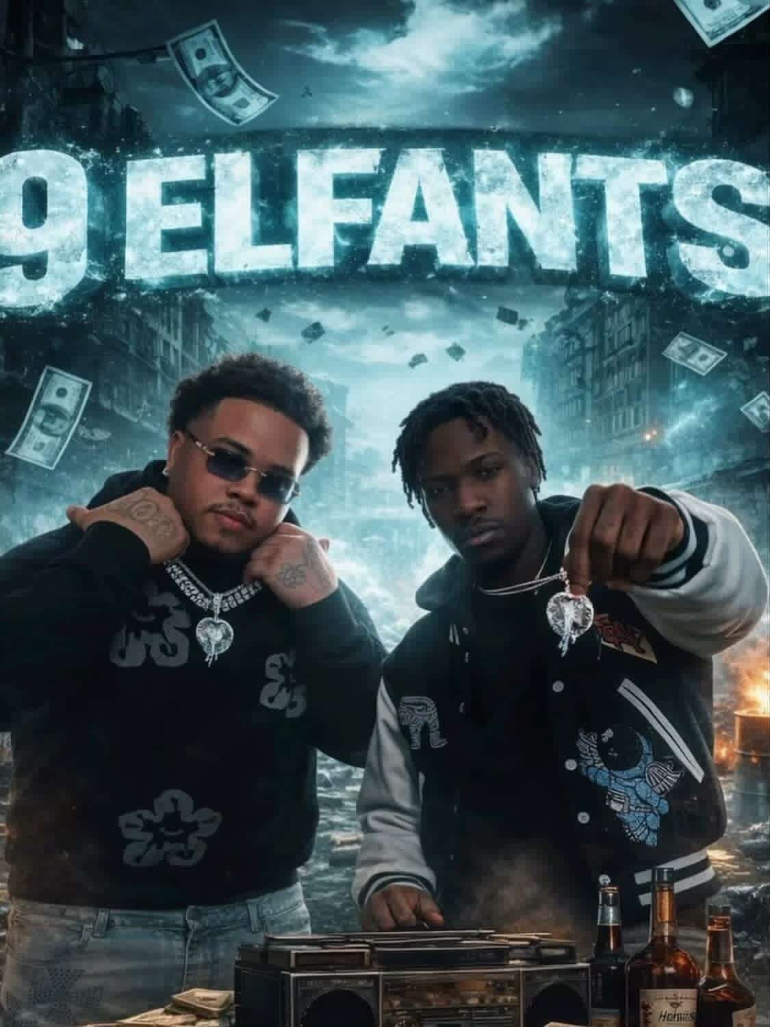Two men in streetwear pose with jewelry, falling money, and large "9 ELFANTS" text.