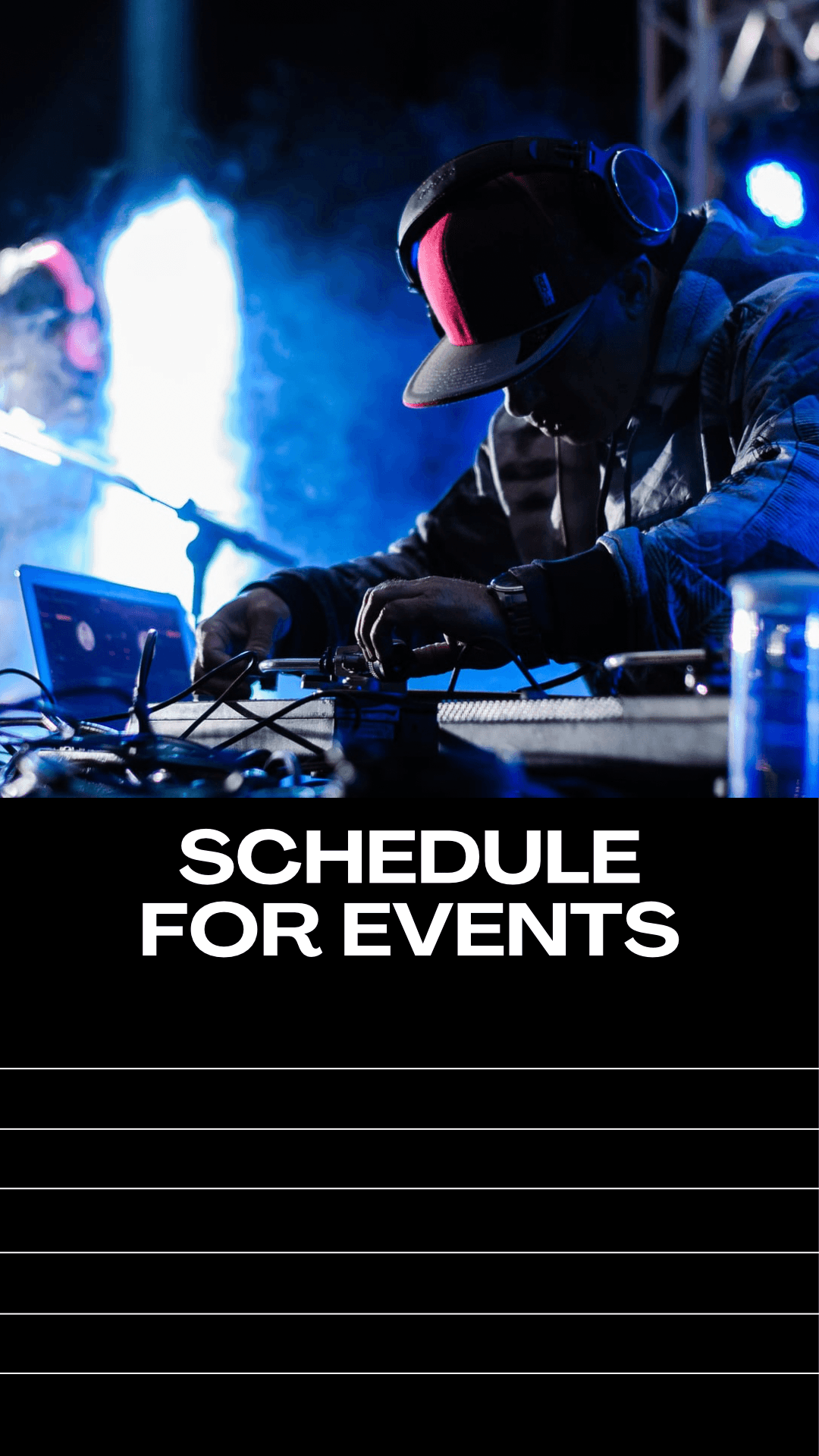 DJ in a red cap mixing music under blue lights above a blank event schedule.