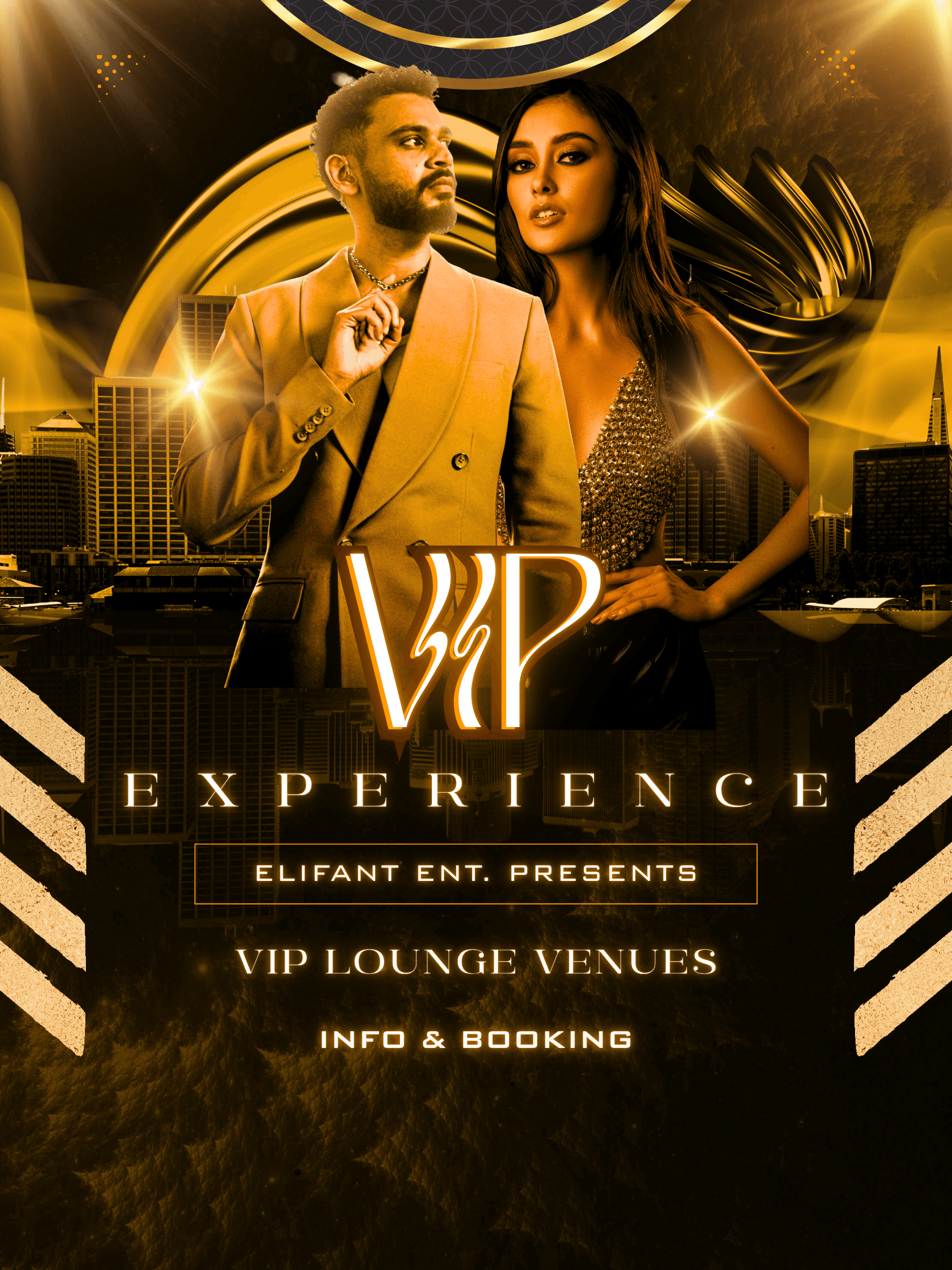 Elegant man and woman pose against a gold cityscape for a VIP experience event.