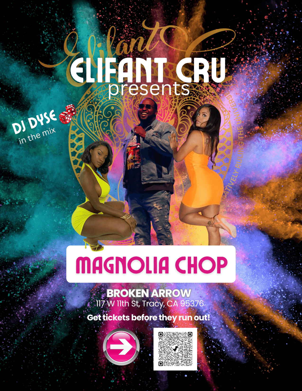 Vibrant Magnolia Chop event flyer featuring three people against a colorful powder explosion background.